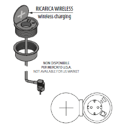 APPLICAZIONE FORO SU PIANO E PRESA AD INCASSO DIAM.MM.80: 1 SPORTELLINO RICARICA WIRELESS - 1 PRESA SCHUKO - 1 RJ45 CAT.6 - 1 USB A + 1 USB C CHARGING MAX. 2,4 A NERO