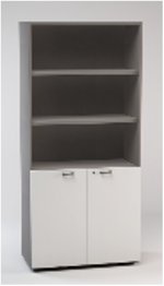 HIGH OPEN BOOKCASE. LOW WOODEN DOORS WITH LOCK. INF. DIM.CM.90X46,3X196,7H COLORED