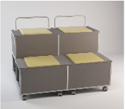 STAND FOR DEBATES ON WHEELS, SIDE SPACES. 4 SEATS WITH PADDING, REAR SPACES. AND FOLDING DESK DIM.130X90X100H CM