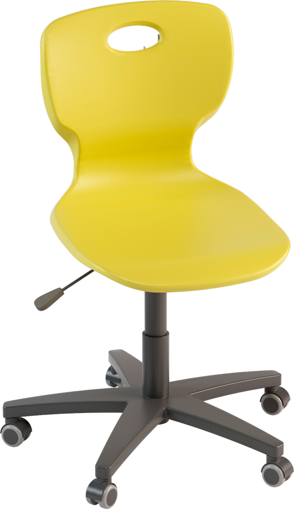 SWIVEL CHAIR GRAY STEEL BASE WITH 5 SPOKES ON WHEELS, ELEV.GAS (H.43/55) BODY IN POLYPROPYLENE COLOR YELLOW RAL1018 DIM.CM.42.5X46X43/55H